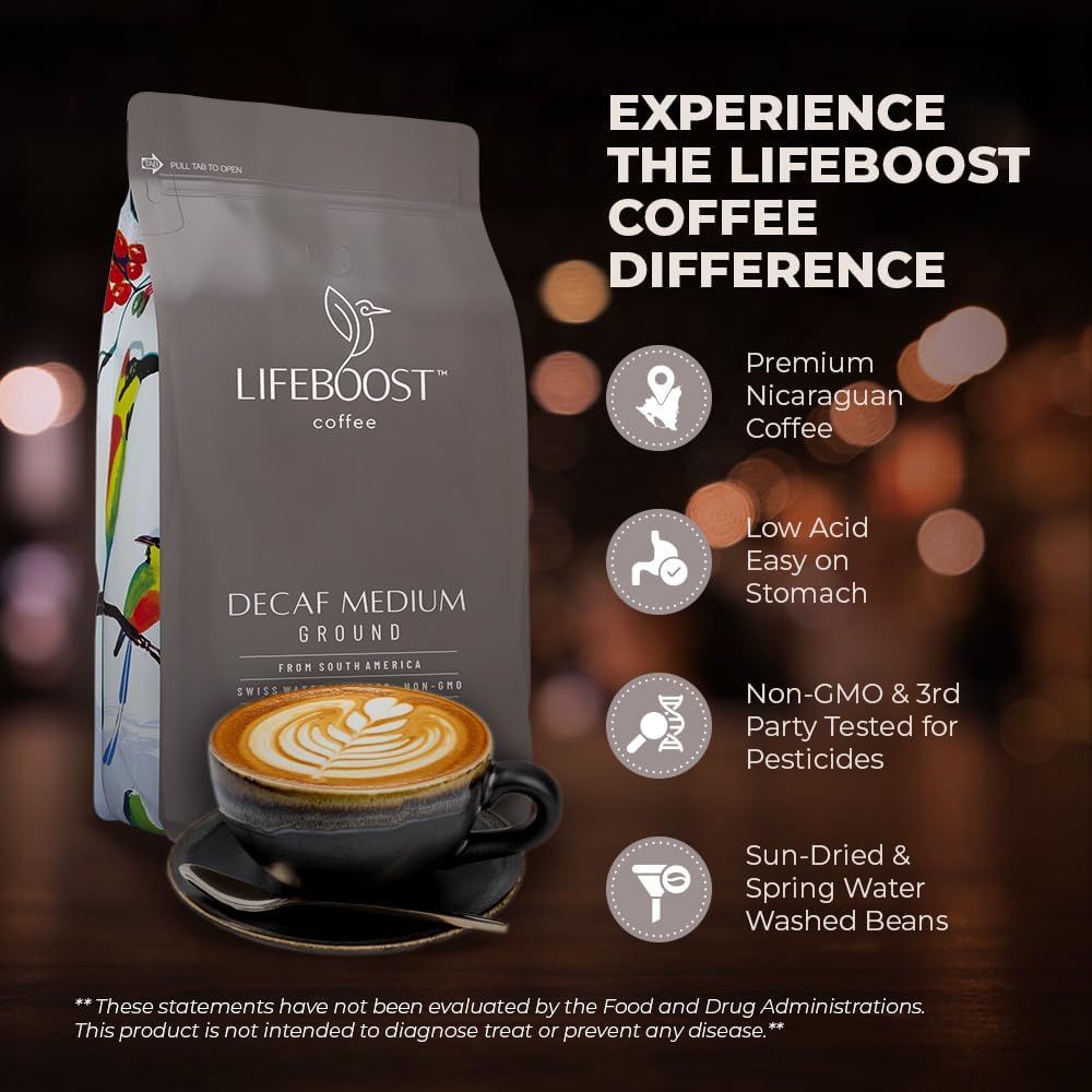 Lifeboost Decaf Ground Coffee, Swiss Water Process Low Acid Organic, 12oz