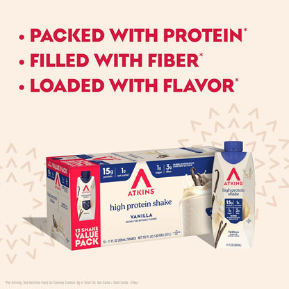 Atkins Vanilla High Protein Shake, 15g Protein, 12 Count