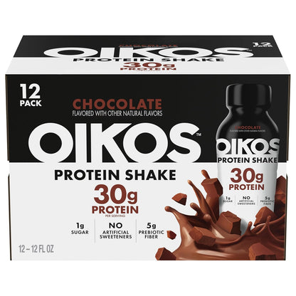 Oikos Protein Shake, Chocolate, 30g High Protein Drinks, Shelf Stable, Ready to Drink, 5g Prebiotic Fiber, 12 fl oz Bottle, 12 Count