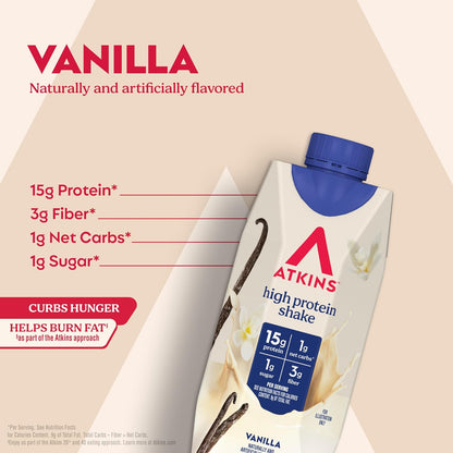 Atkins Vanilla High Protein Shake, 15g Protein, 12 Count
