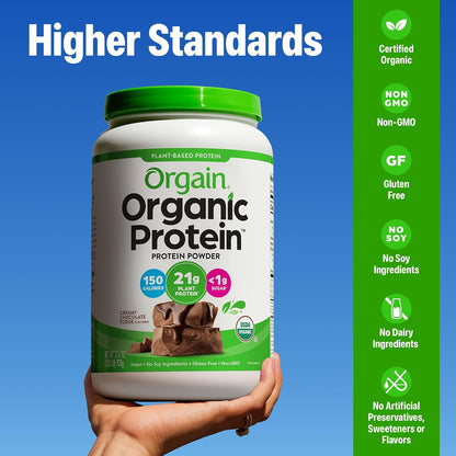 Orgain Organic Vegan Protein Powder, Creamy Chocolate Fudge - 21g Plant Protein, 6g Prebiotic Fiber, Low Net Carb, No Lactose Ingredients, No Added Sugar, Non-GMO, For Shakes & Smoothies, 2.03 lb