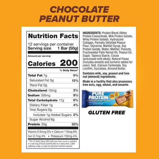 Pure Protein Chocolate Peanut Butter Protein Bars, 20g Protein, 12 Ct