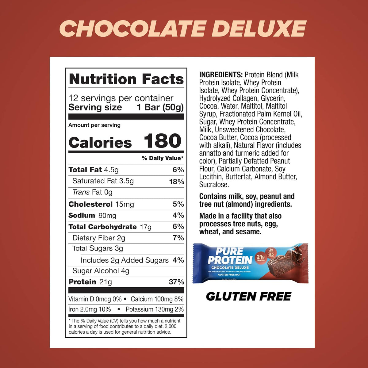 Pure Protein Chocolate Deluxe Protein Bars, 21g Protein, Gluten Free, 12 Ct