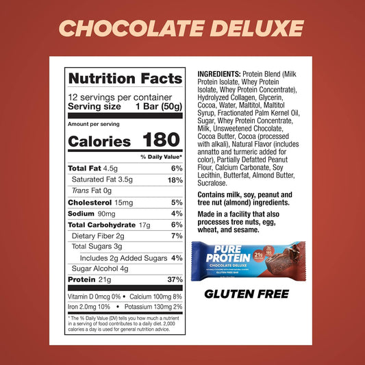 Pure Protein Chocolate Deluxe Protein Bars, 21g Protein, Gluten Free, 12 Ct