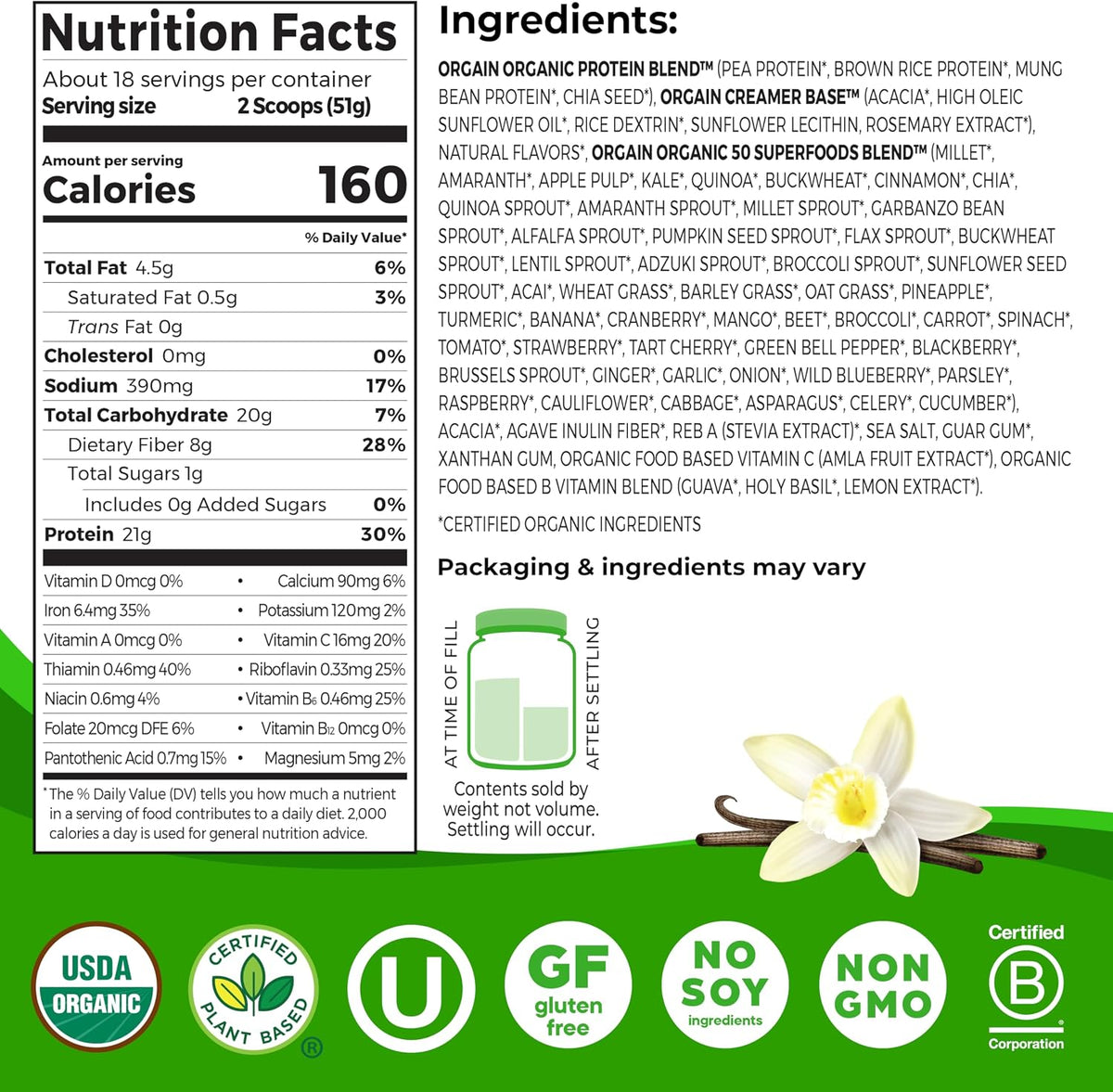 Orgain Organic Vegan 21g Protein + Superfoods Powder, Vanilla Bean, 2.02lb