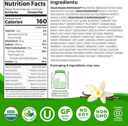 Orgain Organic Vegan 21g Protein + Superfoods Powder, Vanilla Bean, 2.02lb