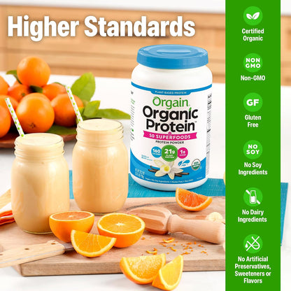 Orgain Organic Vegan 21g Protein + Superfoods Powder, Vanilla Bean, 2.02lb