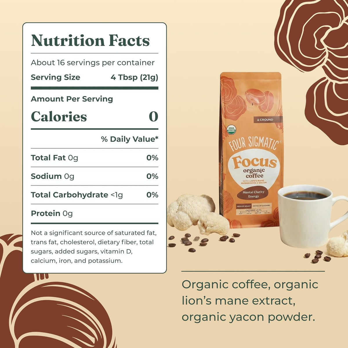 Four Sigmatic Focus Ground Coffee | Organic Ground Coffee with Lion's Mane Mushroom and Yacon for Mental Clarity & Energy Support | 12oz Bag