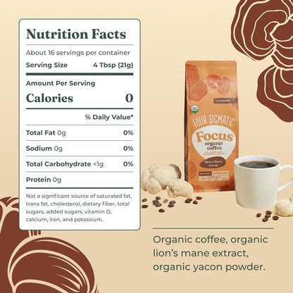Four Sigmatic Focus Ground Coffee | Organic Ground Coffee with Lion's Mane Mushroom and Yacon for Mental Clarity & Energy Support | 12oz Bag