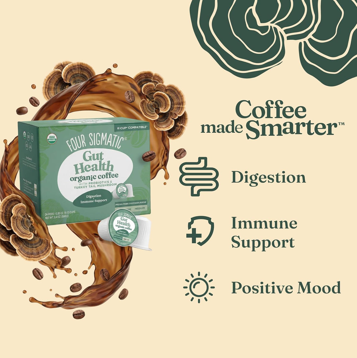 Four Sigmatic Gut Health Organic Coffee Pods | Medium Roast Probiotic K Cups with Chaga and Turkey Tail | Immune Boosting, Probiotic Mushroom Coffee K Cups for Gut Health and Immune Support | 24 Count