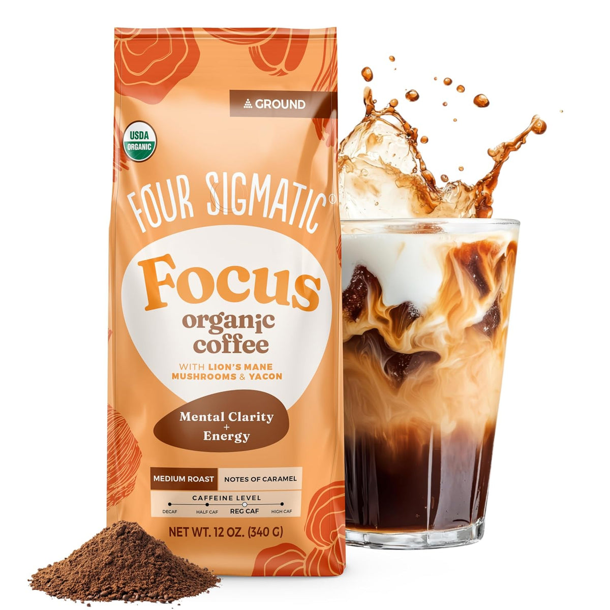 Four Sigmatic Focus Ground Coffee | Organic Ground Coffee with Lion's Mane Mushroom and Yacon for Mental Clarity & Energy Support | 12oz Bag