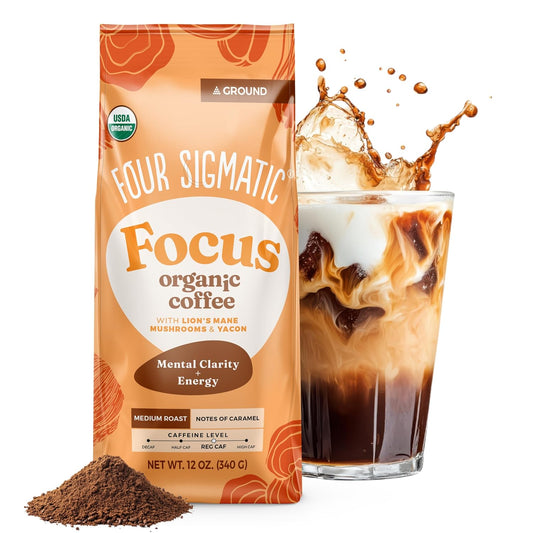 Four Sigmatic Focus Ground Coffee | Organic Ground Coffee with Lion's Mane Mushroom and Yacon for Mental Clarity & Energy Support | 12oz Bag