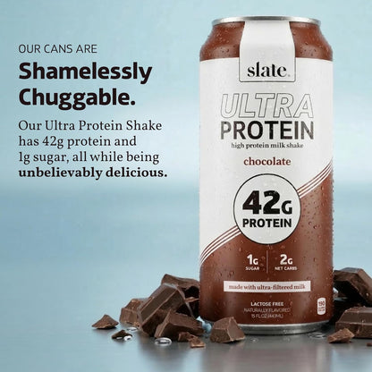 Slate Milk - Ultra Protein Shake - Chocolate - 42g Protein, 1g Sugar, 190 Calories, 2g Net Carbs - Lactose Free, No Added Sugar - Made with Ultra Filtered Milk - Breakfast Boost, Post Workout - 15 fl oz, 12 Cans