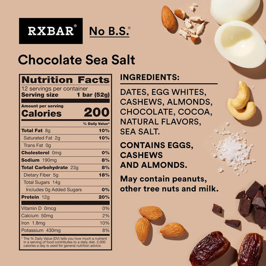 RXBAR Protein Bars, 12g Protein, Gluten Free Snacks, Chocolate Sea Salt, 22oz Box (12 Bars)