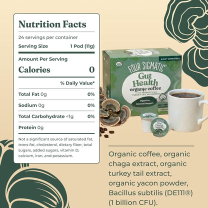 Four Sigmatic Gut Health Organic Coffee Pods | Medium Roast Probiotic K Cups with Chaga and Turkey Tail | Immune Boosting, Probiotic Mushroom Coffee K Cups for Gut Health and Immune Support | 24 Count