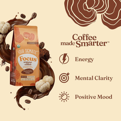 Four Sigmatic Focus Ground Coffee | Organic Ground Coffee with Lion's Mane Mushroom and Yacon for Mental Clarity & Energy Support | 12oz Bag