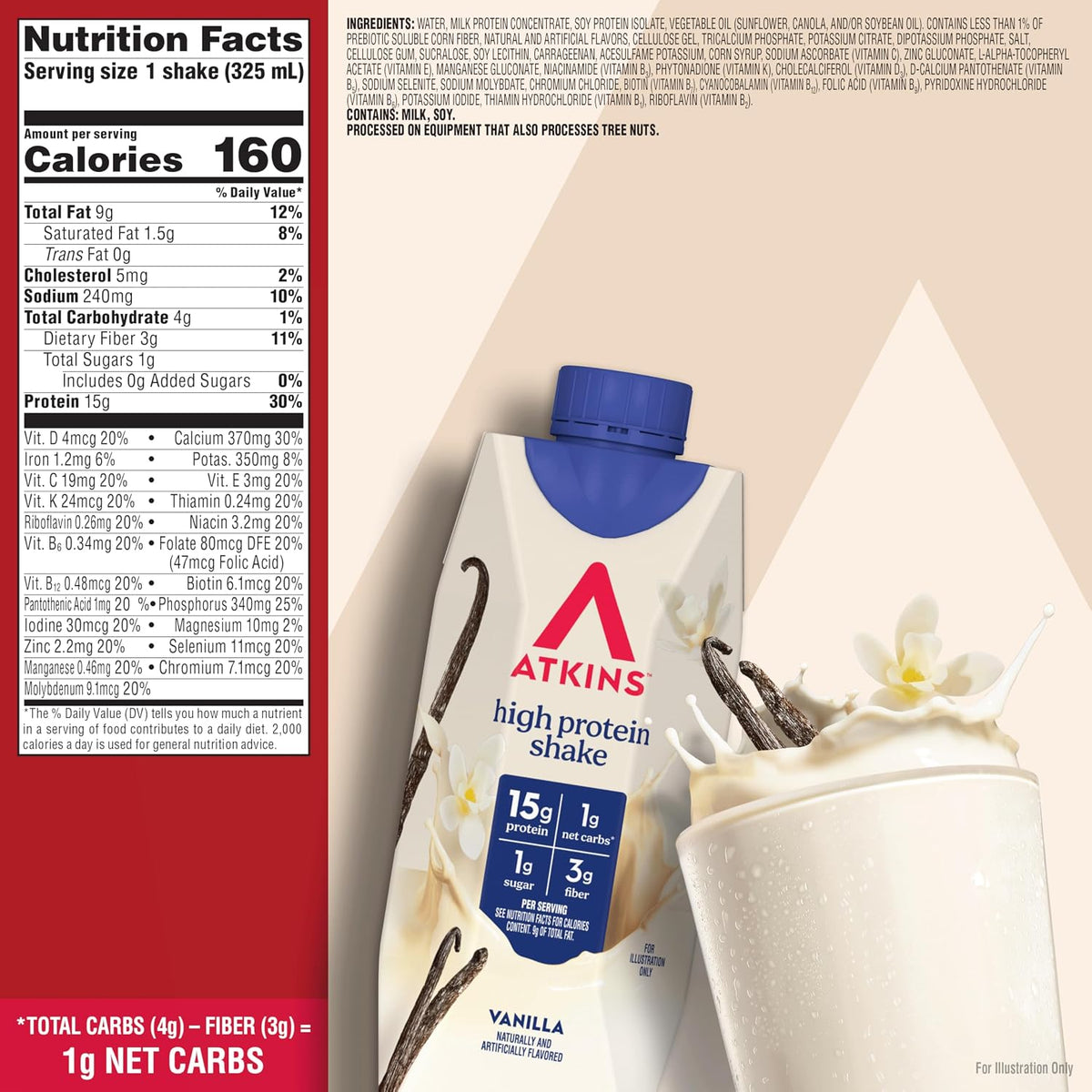 Atkins Vanilla High Protein Shake, 15g Protein, 12 Count