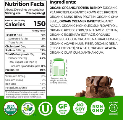 Orgain Organic Vegan Protein Powder, Creamy Chocolate Fudge - 21g Plant Protein, 6g Prebiotic Fiber, Low Net Carb, No Lactose Ingredients, No Added Sugar, Non-GMO, For Shakes & Smoothies, 2.03 lb
