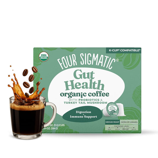 Four Sigmatic Gut Health Organic Coffee Pods | Medium Roast Probiotic K Cups with Chaga and Turkey Tail | Immune Boosting, Probiotic Mushroom Coffee K Cups for Gut Health and Immune Support | 24 Count