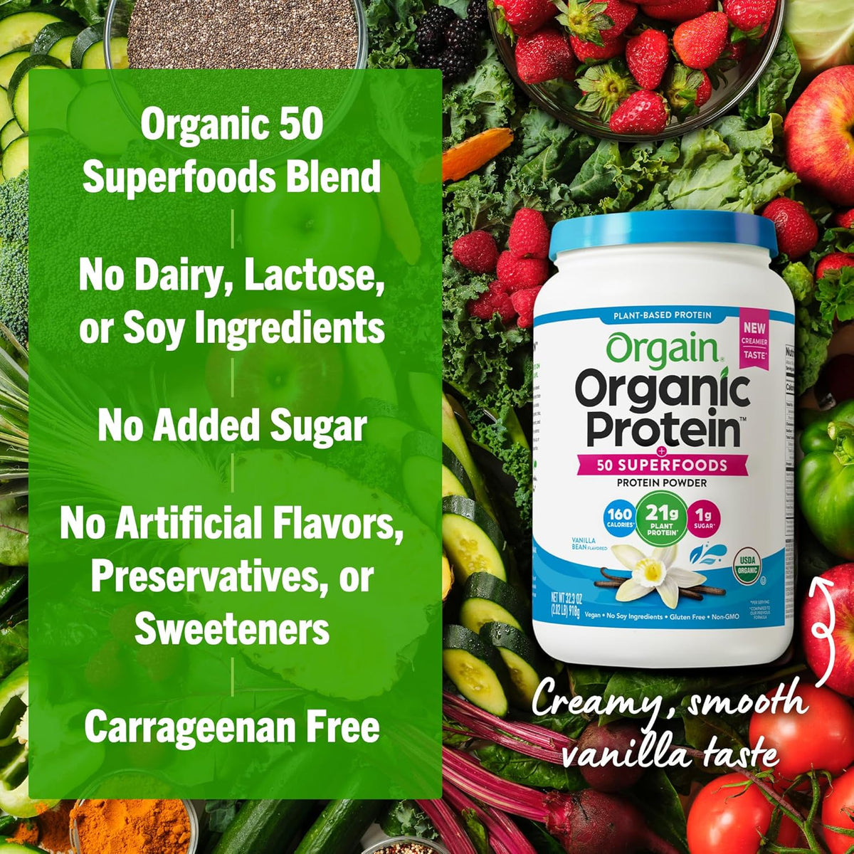 Orgain Organic Vegan 21g Protein + Superfoods Powder, Vanilla Bean, 2.02lb